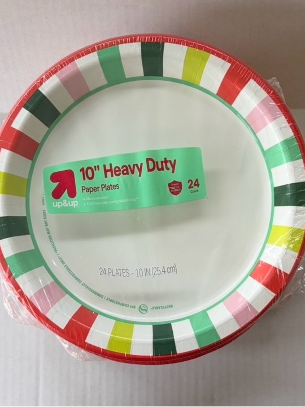 up & up 10โ Heavy Duty Paper Plates 24 ct | Festive Holiday Stripes NWT - Picture 2 of 3